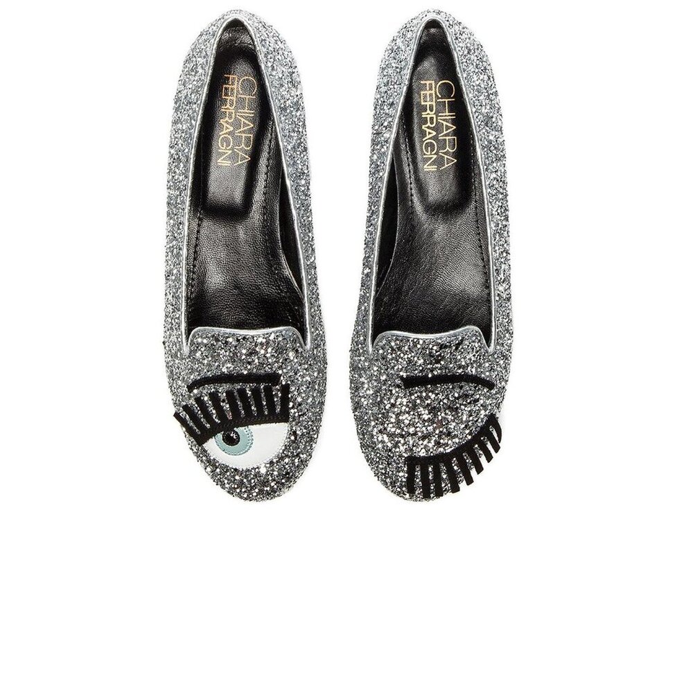 NWB $377 Chiara Ferragni Glitter Argent Wink Flat Shoes Silver Size 10